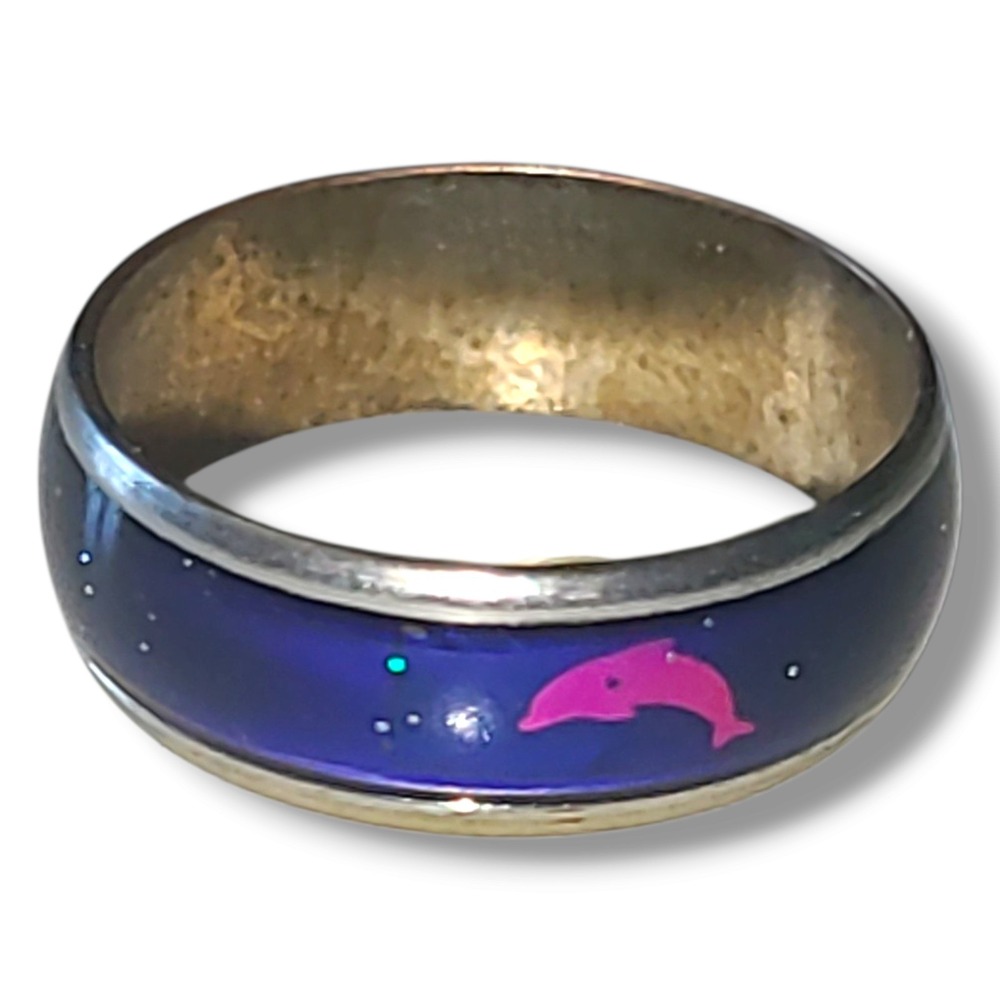 Vintage Dolphin Seahorse Starfish Ocean Mood Ring Sz 5 Color Change Silver Tone